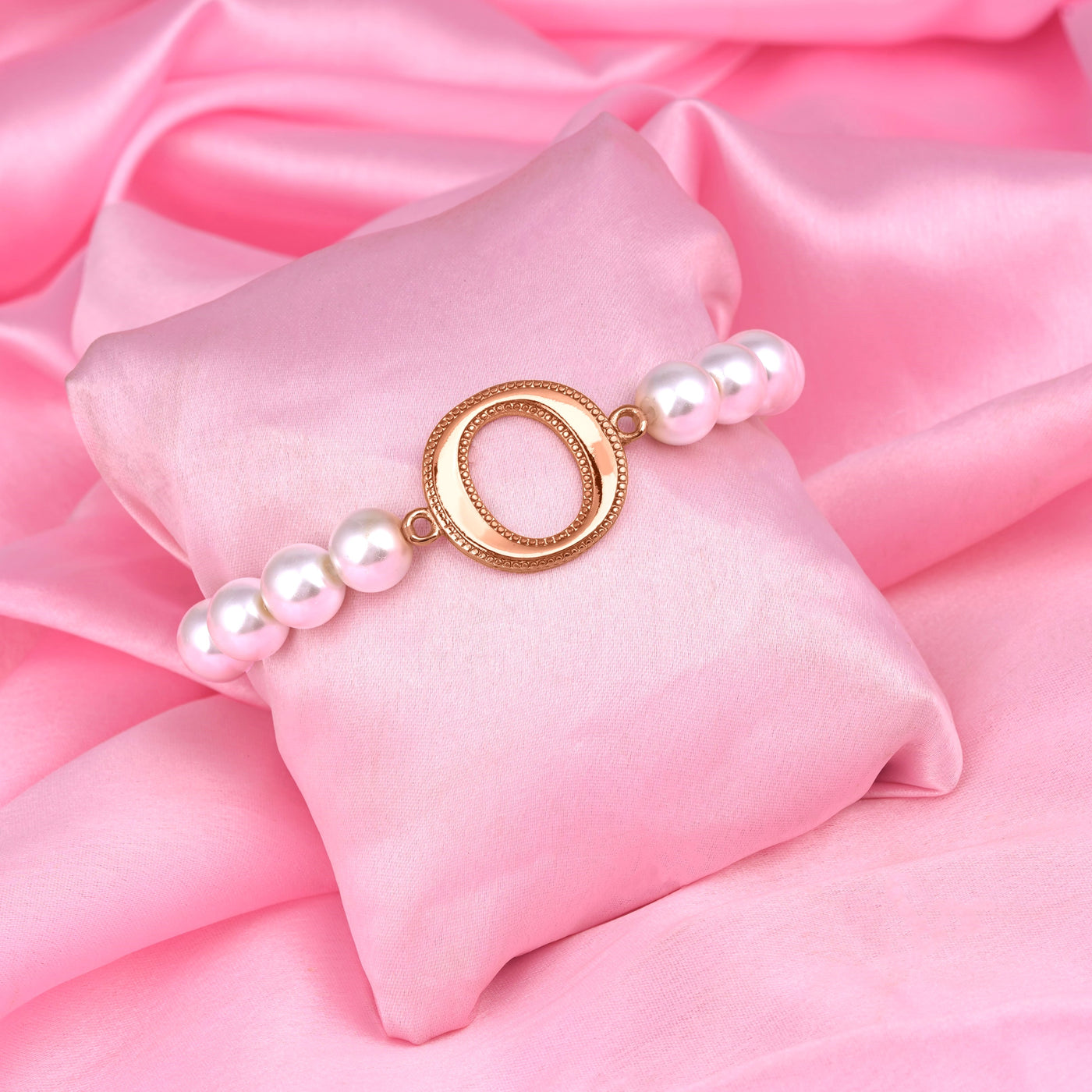 Estele Rose Gold Plated Opulent "O" Letter Pearl Bracelet for Women