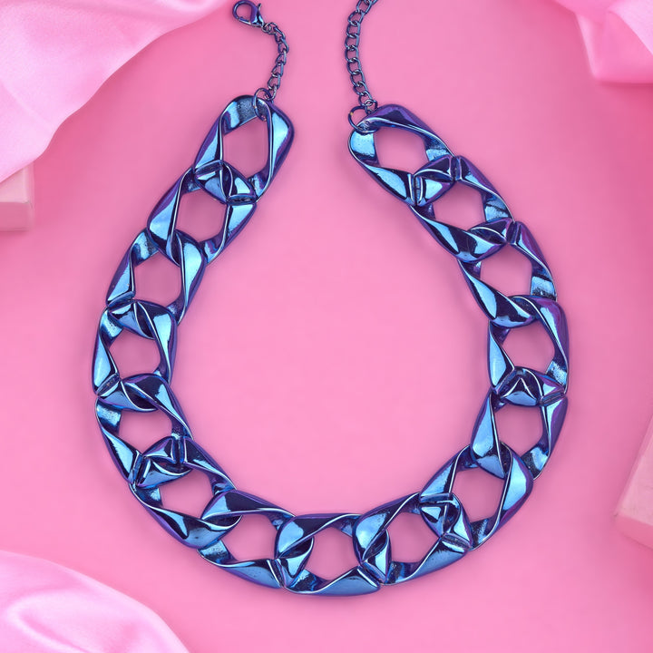 Estele Metallic Dark Blue Plated Stylish Cuban Necklace for Women