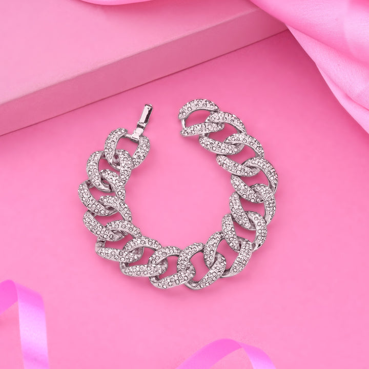 Estele Rhodium Plated Stylish Cuban Bracelet with Crystals for Women