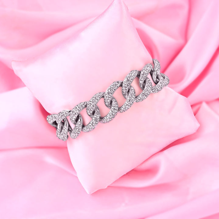 Estele Rhodium Plated Stylish Cuban Bracelet with Crystals for Women