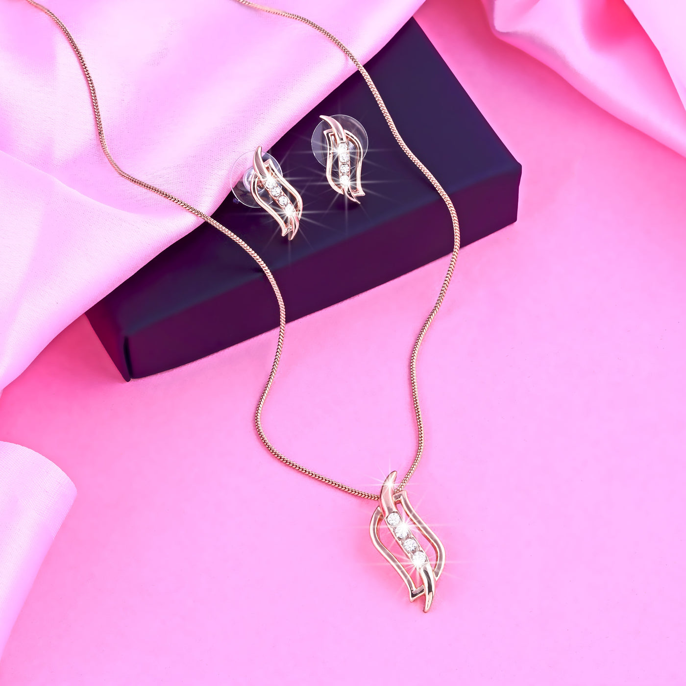 Estele - Rosegold plated Twirling American Diamond Pendant Set for Women