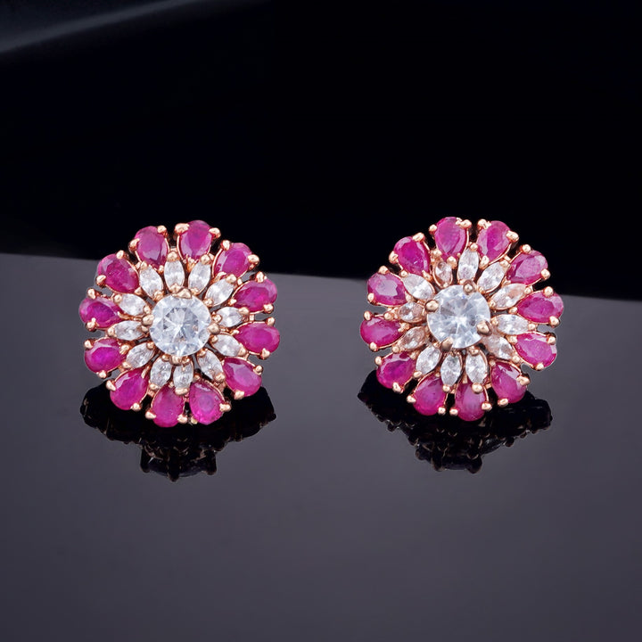 Estele Rose Gold Plated CZ Sparkling Flower Designer Stud Earrings for Women