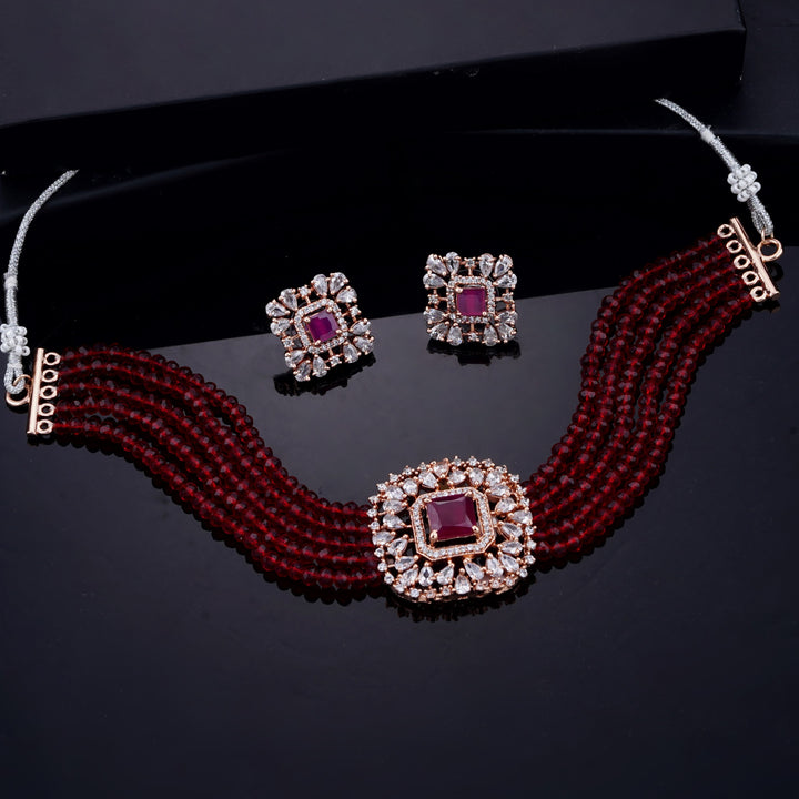Estele Rose Gold Plated CZ Square Shaped Choker Necklace Set for Women