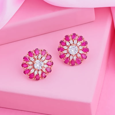 Estele Rose Gold Plated CZ Sparkling Flower Designer Stud Earrings for Women