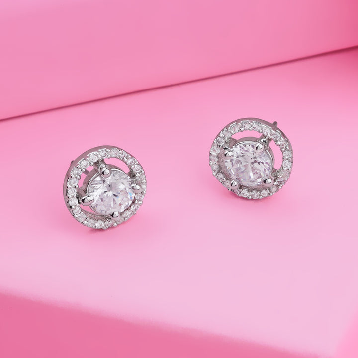 Estele Rhodium Plated CZ Circular Stud Earrings for Women