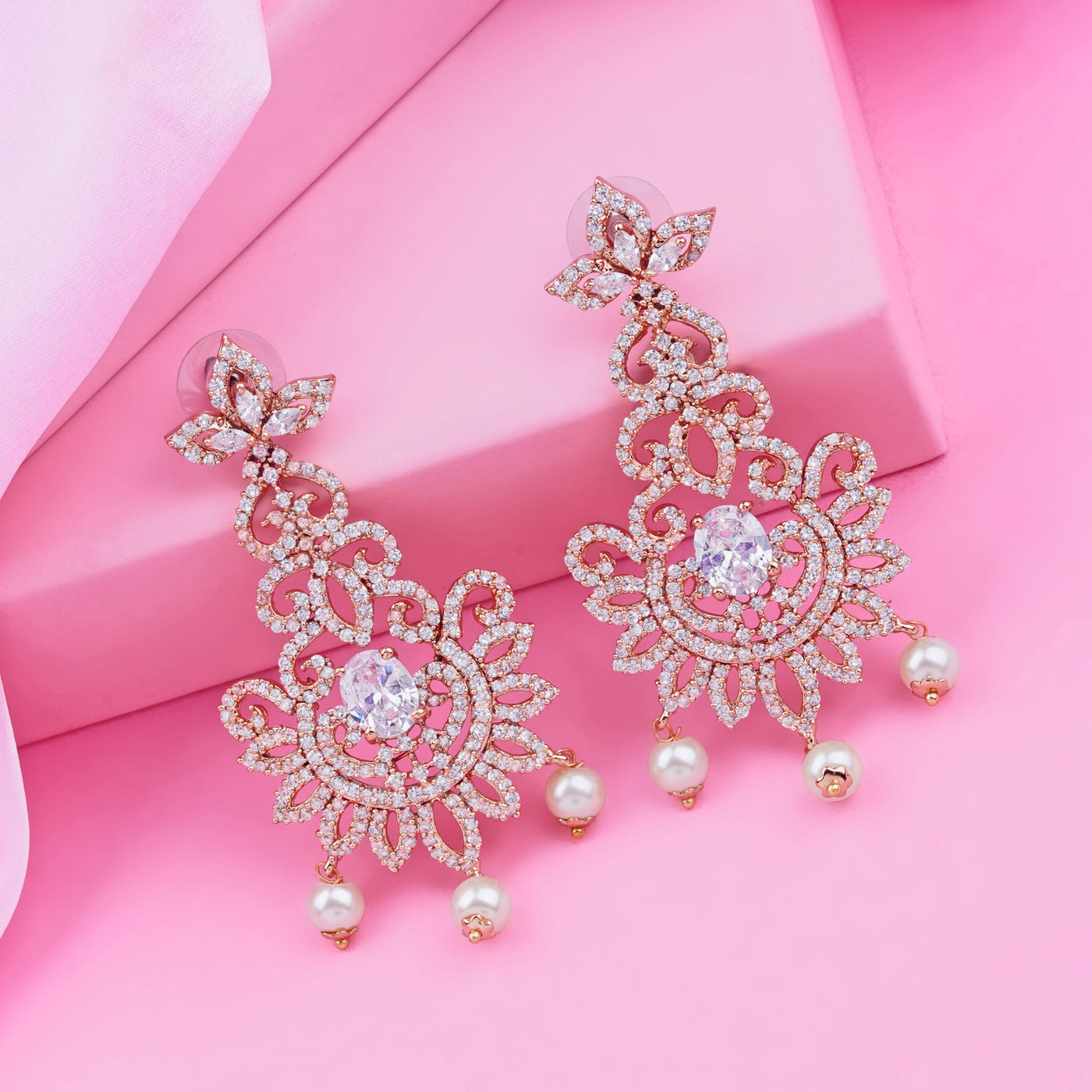 Estele Rose Gold Plated CZ Dazzling Diva Chandelier Earrings for Women