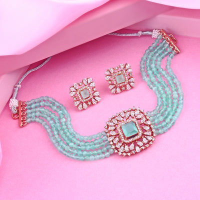 Estele Rose Gold Plated CZ Square Shaped Mint Green Choker Necklace Set for Women