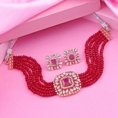 Estele Rose Gold Plated CZ Square Shaped Choker Necklace Set for Women