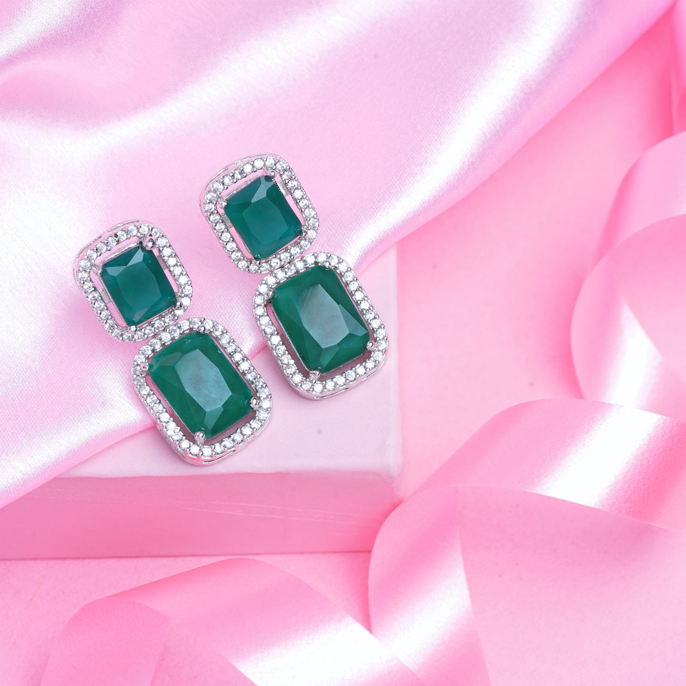 Estele Rhodium Plated Aster Green emerald stones Earrings