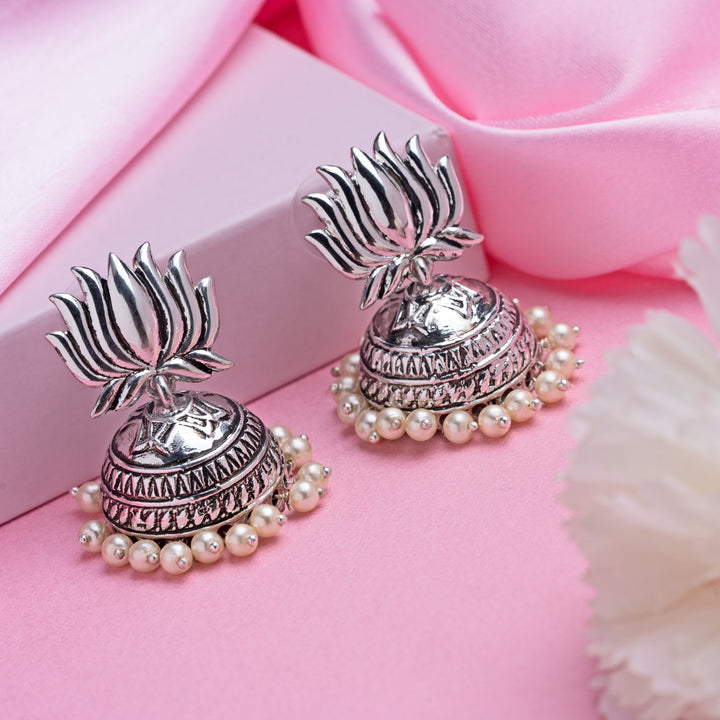 Estele Oxidized Silver Tone Plated Lotus Shape with White beaded Kashmiri Jhumka Earrings
