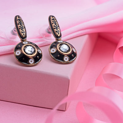 Estele Gold Tone Black Enamel Round Kundan Drop Earrings for women