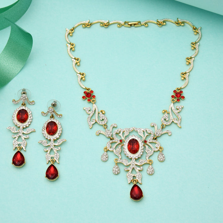 Estele - 24 KT Charming Gold and silver plated with Royal Ruby American Diamond Necklace Set for Women