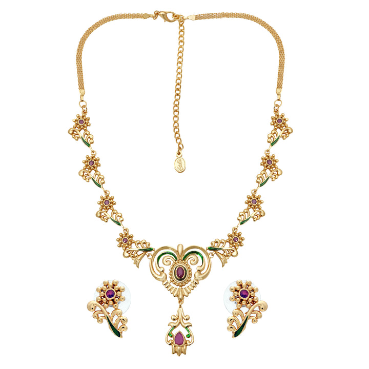 Estele Gold plated Traditional Peepal Necklace Set with Ruby & Enamel for Women