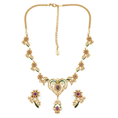 Traditional Gold plated Ruby Enamel Peepal Necklace