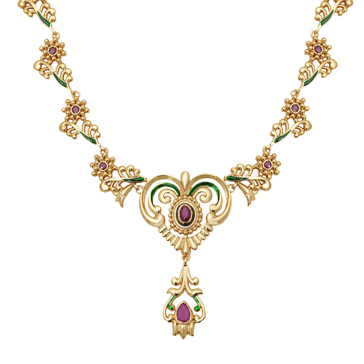 Estele Gold plated Traditional Peepal Necklace Set with Ruby & Enamel for Women