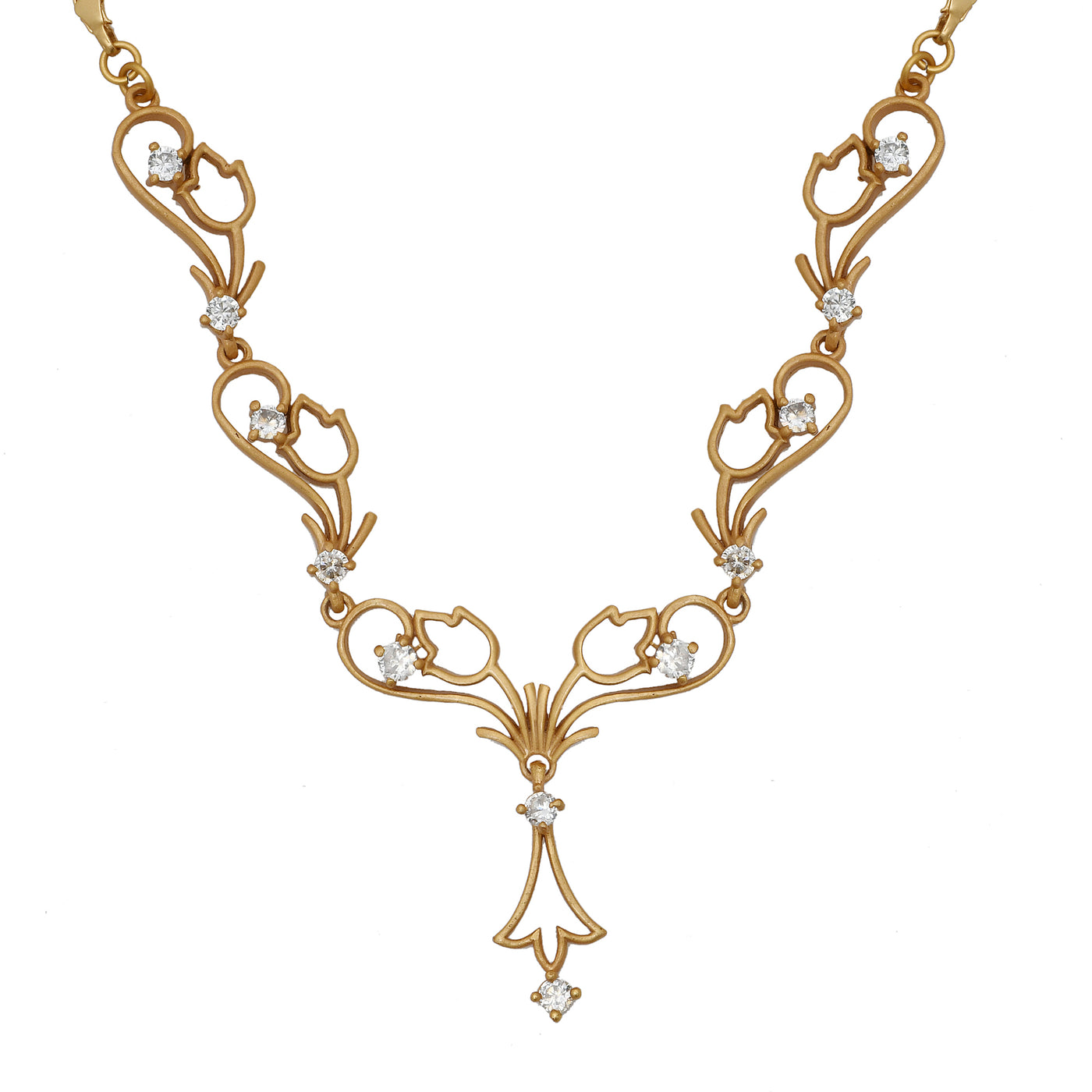 Stylish Matt Gold plated American Diamond CZ Tulip Bloom Necklace
