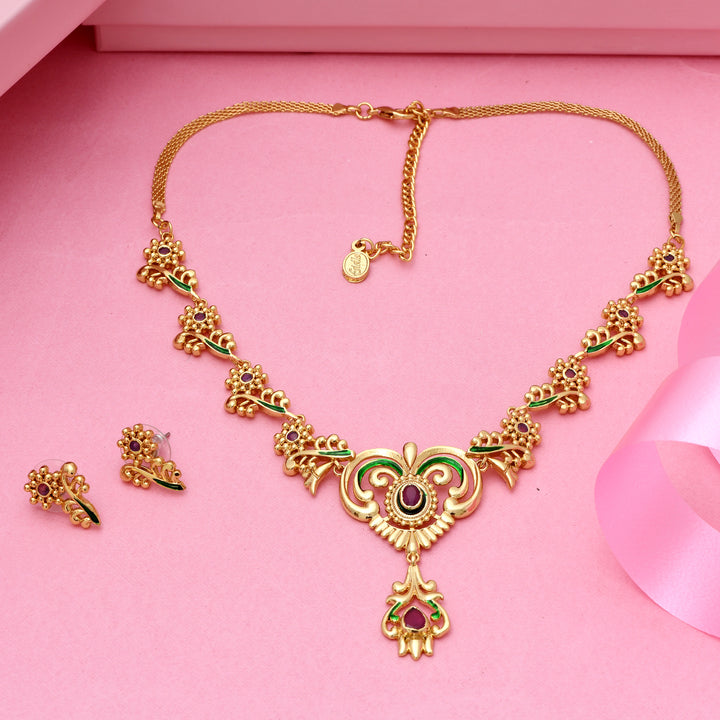 Estele Gold plated Traditional Peepal Necklace Set with Ruby & Enamel for Women