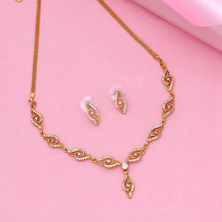 Stylish Matt Gold plated American Diamond CZ Banded Tulip Necklace