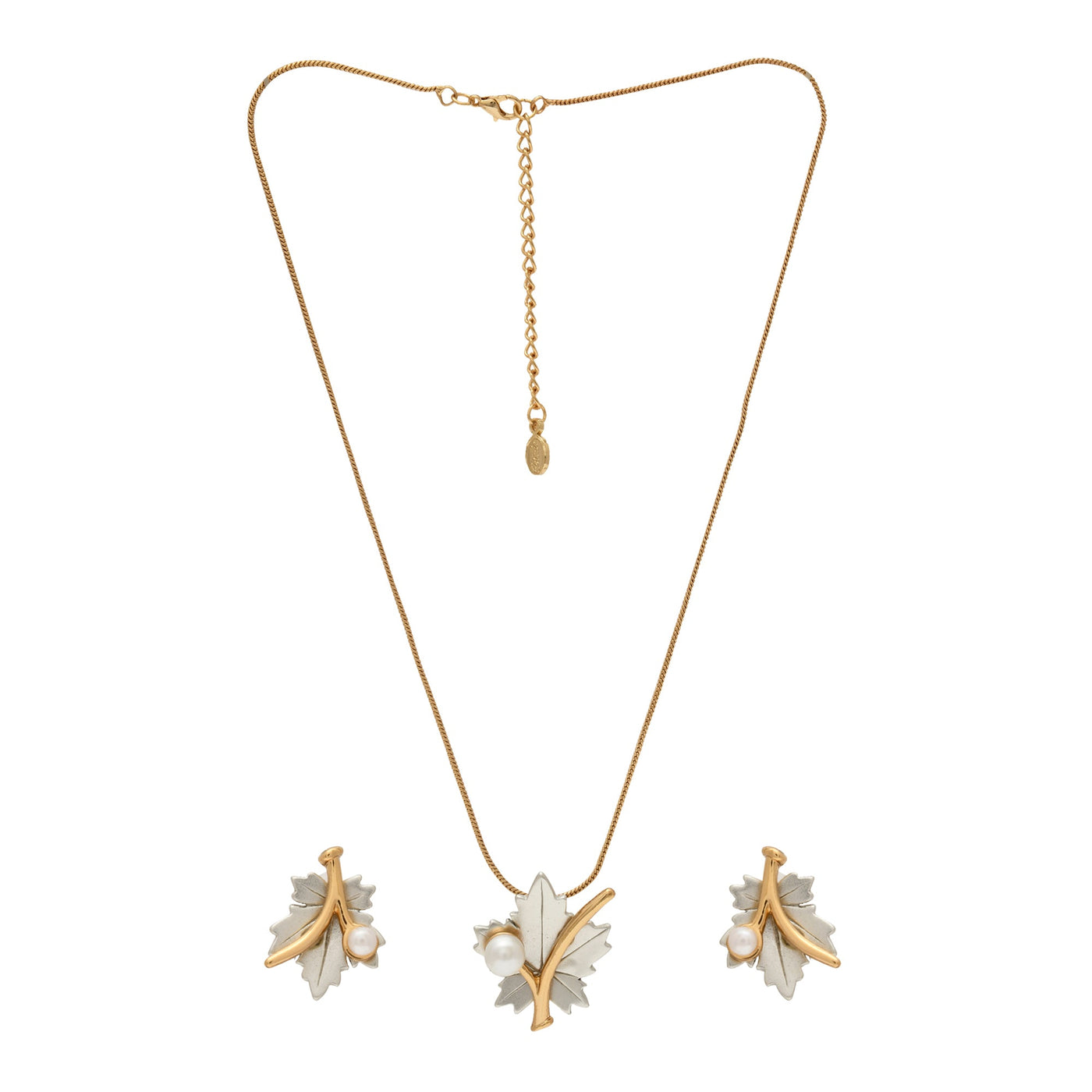Gift Estele Gold & Rhodium Plated Maple Leaf Designer Necklace Set with Pearl for Women