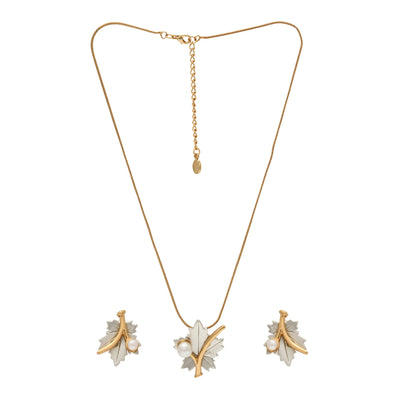 Gift Estele Gold & Rhodium Plated Maple Leaf Designer Necklace Set with Pearl for Women