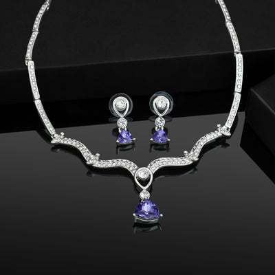 Estele Rhodium Plated Indigo Trillium Necklace with Austrian Crystals for Women