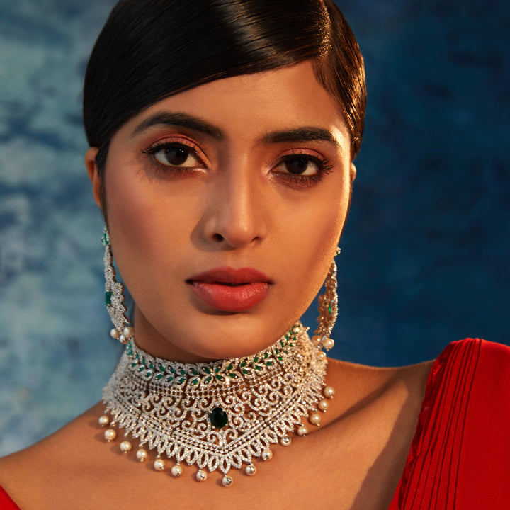 Estele Rhodium Plated CZ Dazzling Diva Choker Necklace Set for Women