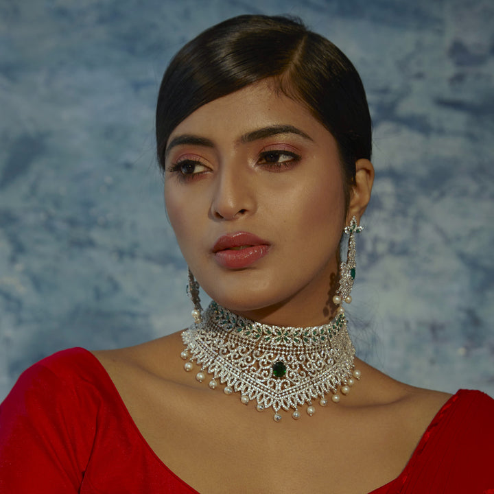 Estele Rhodium Plated CZ Dazzling Diva Choker Necklace Set for Women