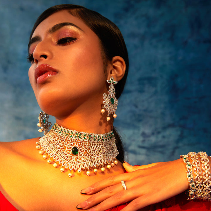 Estele Rhodium Plated CZ Dazzling Diva Choker Necklace Set for Women