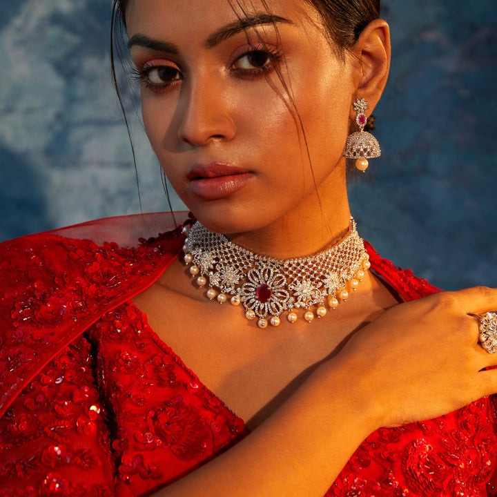 Estele Rhodium Plated CZ Floral Design Bridal Choker with Pearls & Color Stones for Women