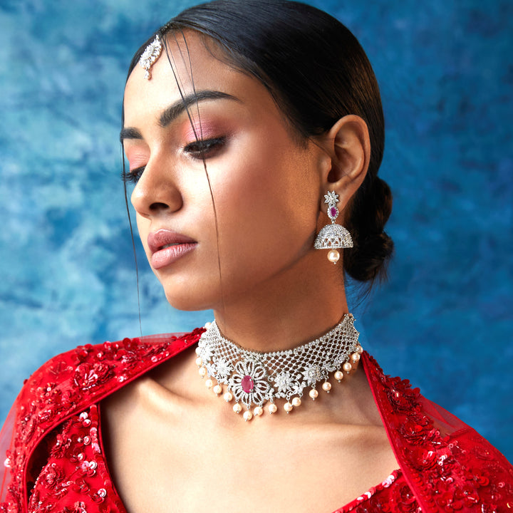 Estele Rhodium Plated CZ Floral Design Bridal Choker with Pearls & Color Stones for Women