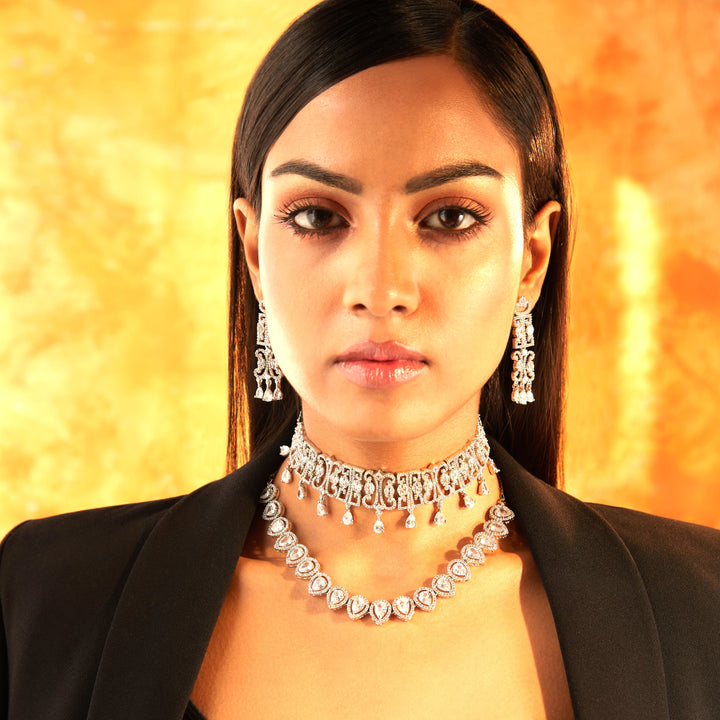 Stunning and Elegant Slim Diamante Rhodium Plated Choker set (one piece)