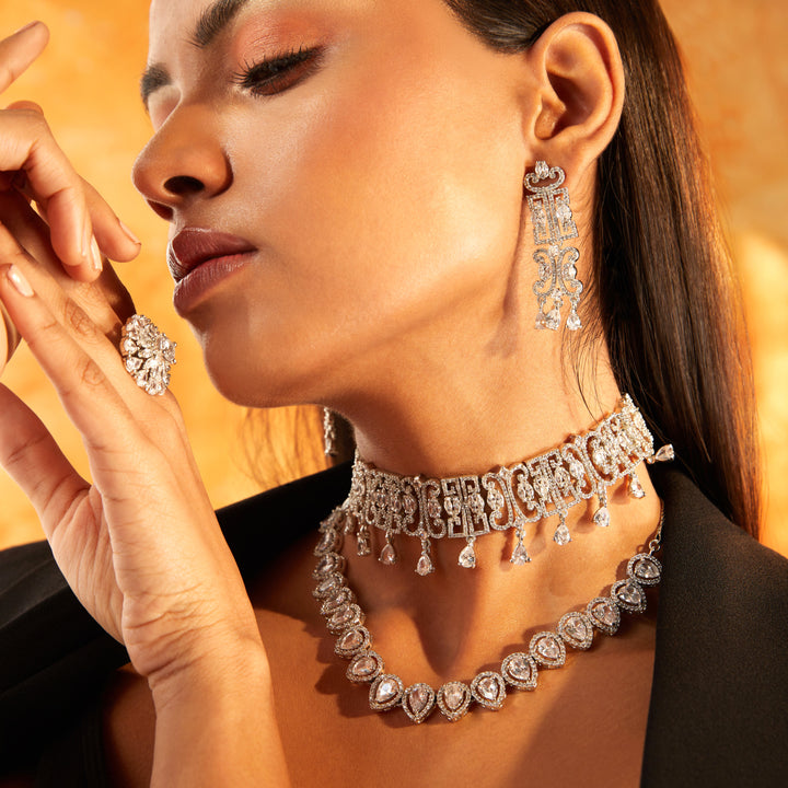 Stunning and Elegant Slim Diamante Rhodium Plated Choker set (one piece)