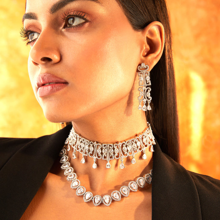 Stunning and Elegant Slim Diamante Rhodium Plated Choker set (one piece)