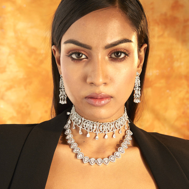 Stunning and Elegant Slim Diamante Rhodium Plated Choker set (one piece)
