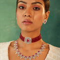 Estele Gold Plated- Ruby Diamond and red beads Choker Square Necklace Set