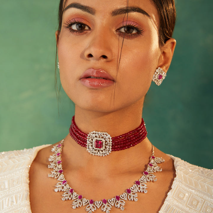 Estele Gold Plated- Ruby Diamond and red beads Choker Square Necklace Set