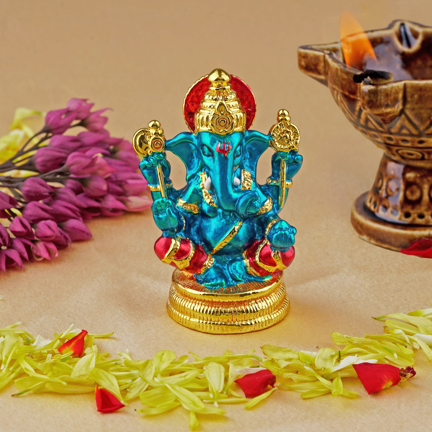 Estele Gold Plated Divine Ganesha with Multi Color Enamel Idol