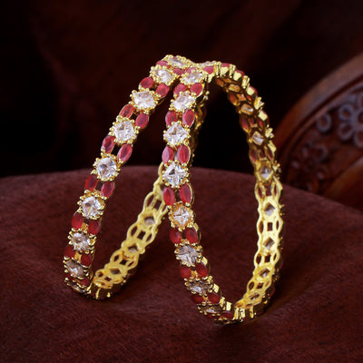 Estele Gold Plated CZ Striking Designer Bangles with Pink & White Stones for Women