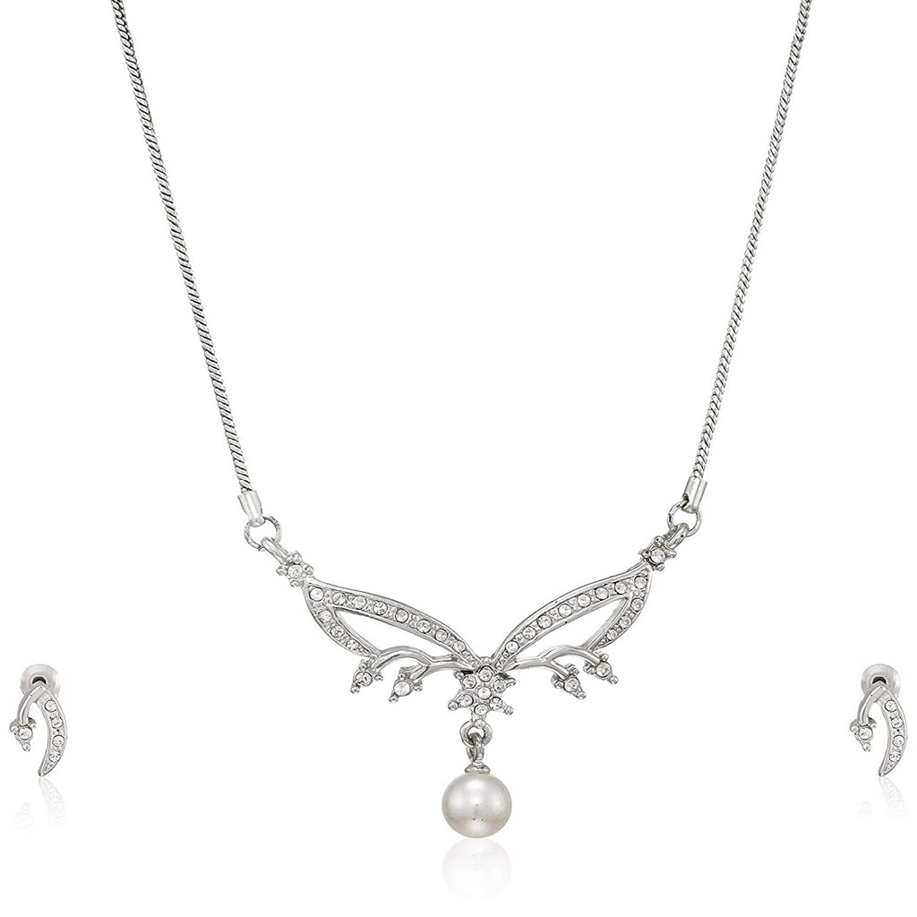 Estele Silver Plated Braid Ribbon with Pearl Drop Chain Pendant Set for Women