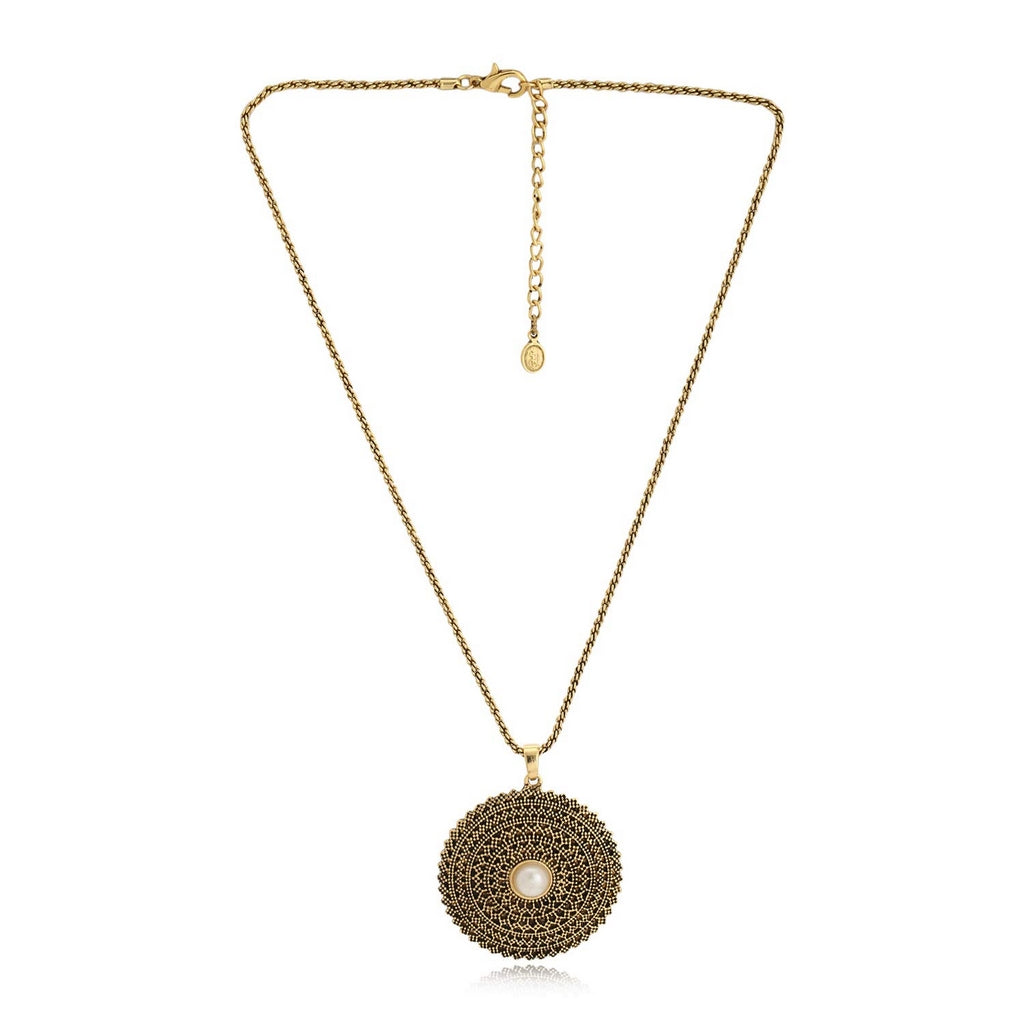 Estele 24 Kt Oxidized Gold Plated Pearl Mandala Chain Necklaces