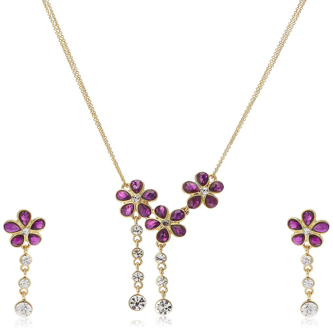 Estele 24 CT Gold plated Ruby Flowers with Austrian Crystal drops Necklace Set for Women