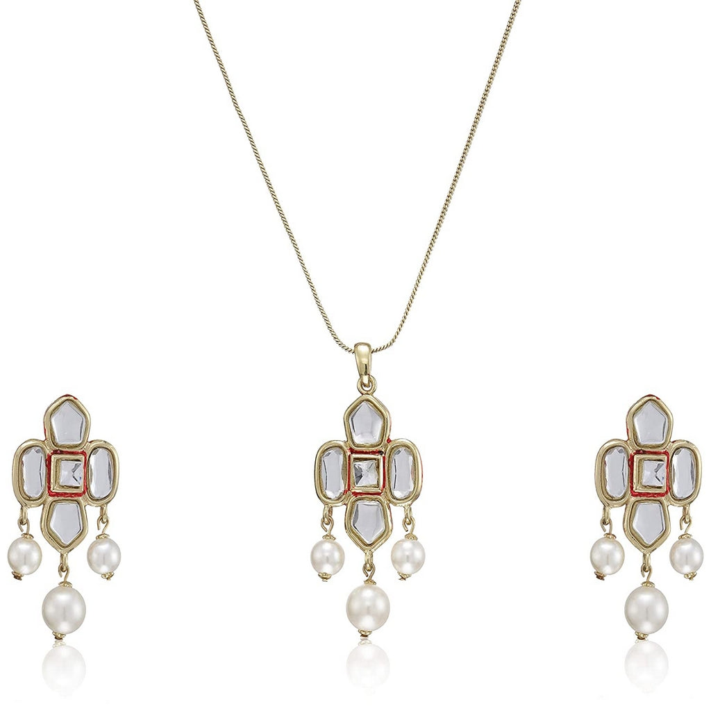 Estele 24 Kt Gold Plated Kundan with Pearl Drop Necklace Set for Women