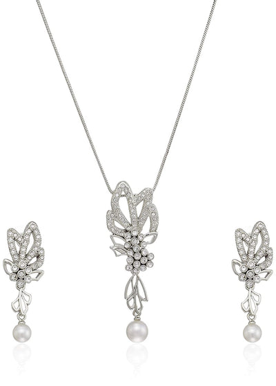 Estele Rhodium Plated with Pearl Drop Necklace Set for Women