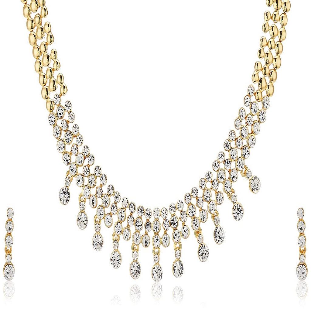 Estele 24 Kt Gold Plated three line fancy Necklace set with American Diamonds and crystal drops for Women
