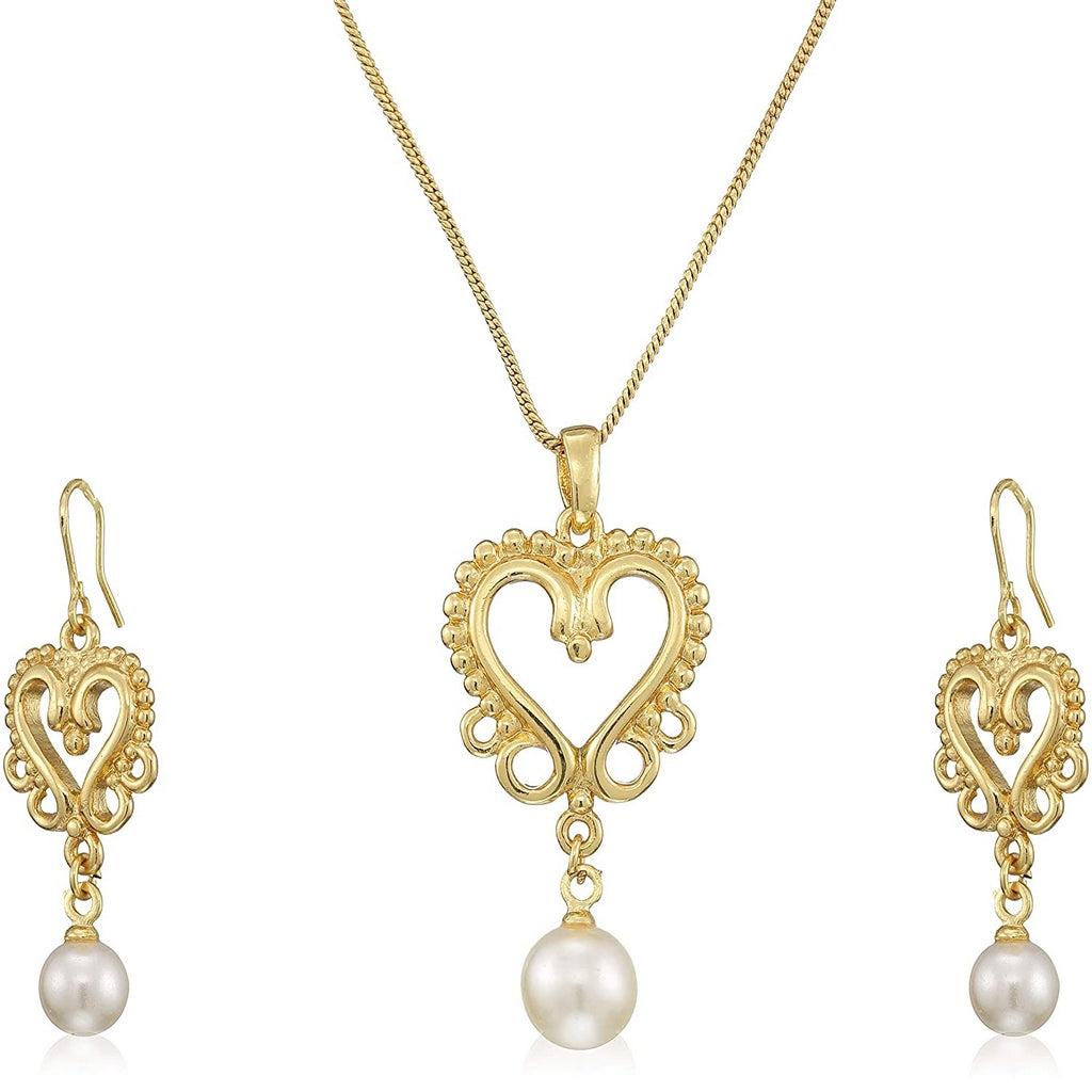 Estele Gold Plated Heart Shape with Pearl Drop Pendant Set for Women