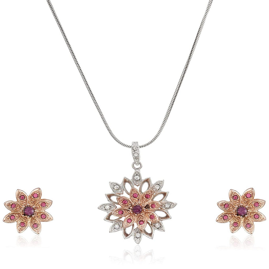 Estele Gold and Silver Plated Flower Pendant Set for Women