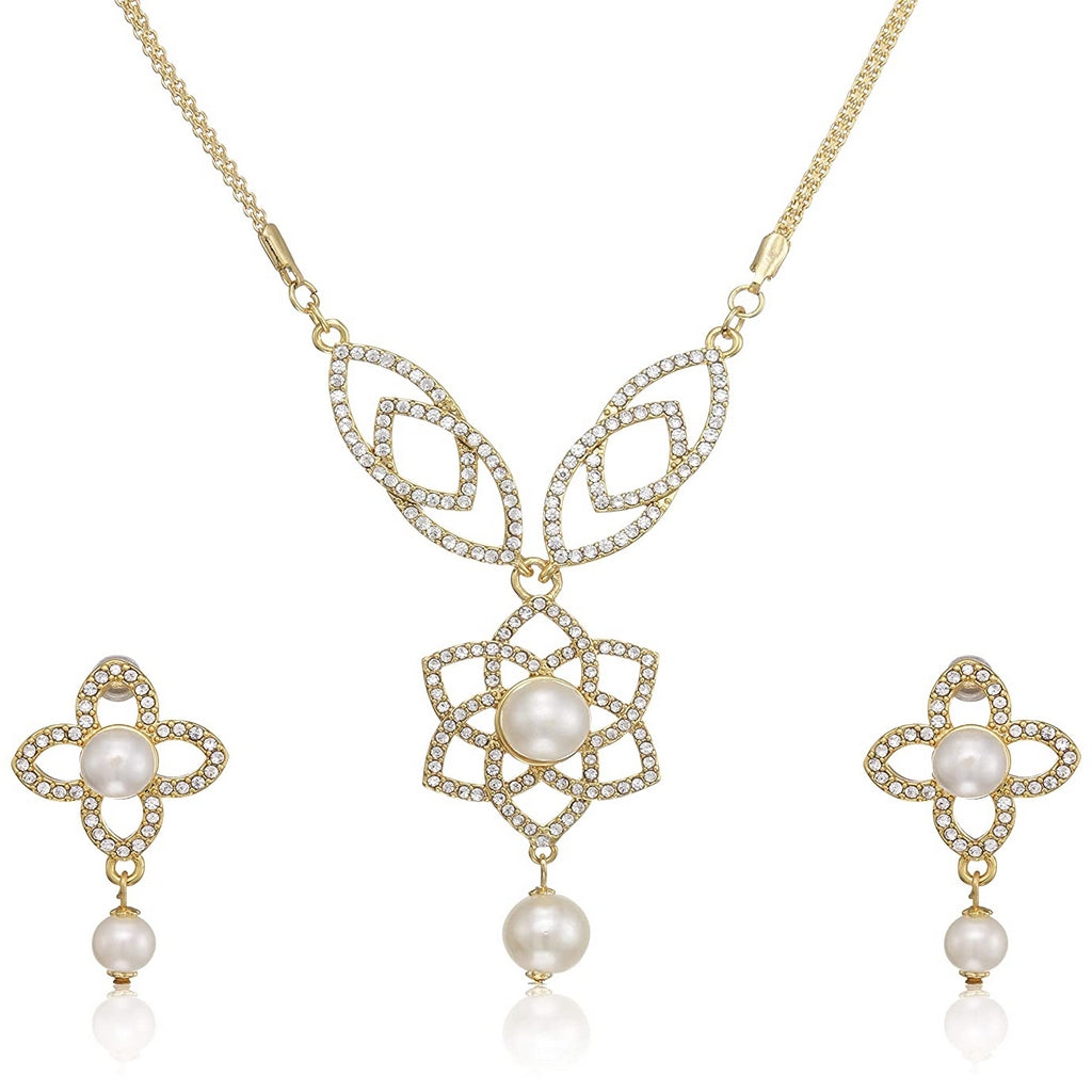 Estele - 24 CT gold Plated Flower American Diamond Pendant Set for Women