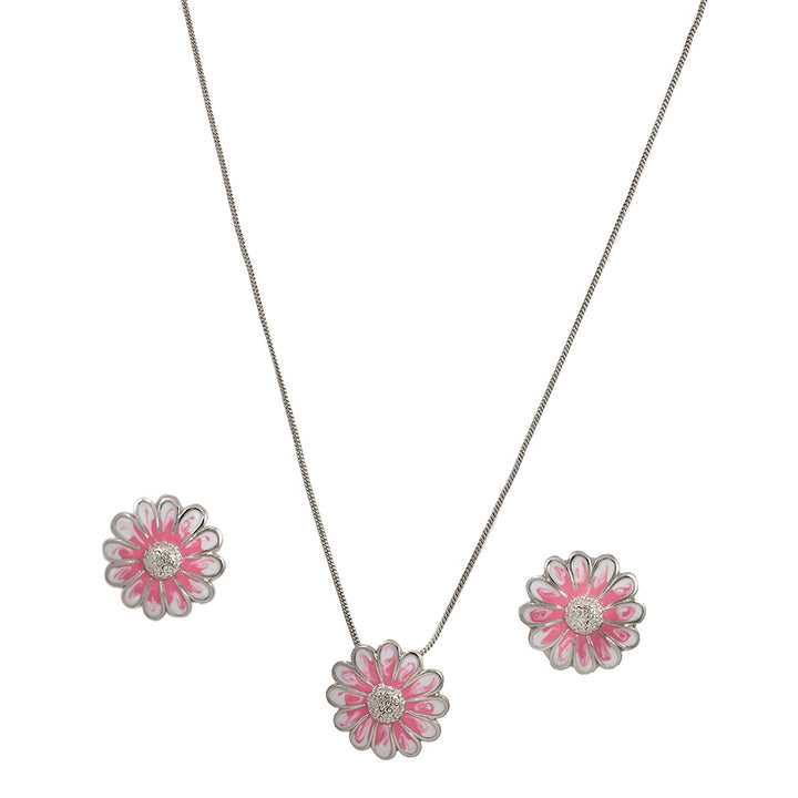Estele Rhodium Plated enamel flower Pendant Set for Women