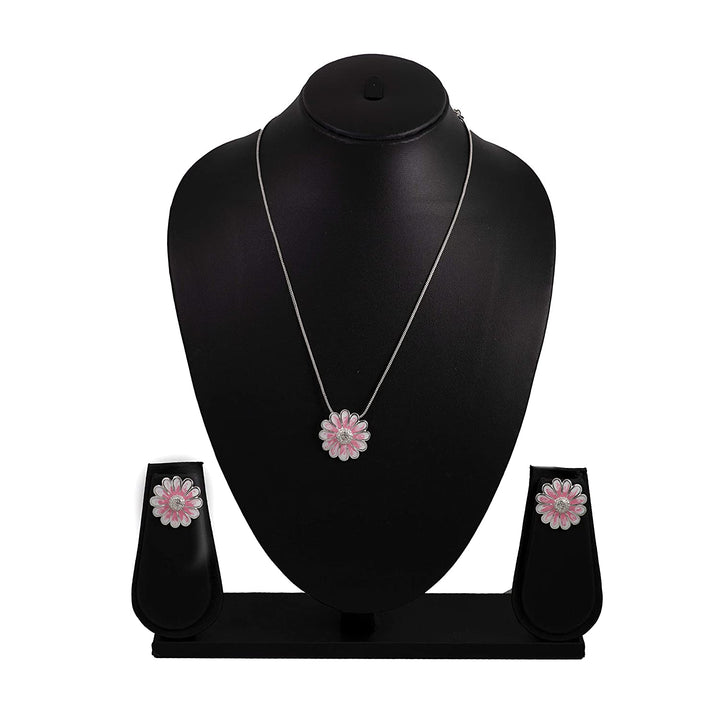 Estele Rhodium Plated enamel flower Pendant Set for Women