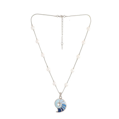 Estele Rhodium Plated Shell of Blue Chain Necklaces
